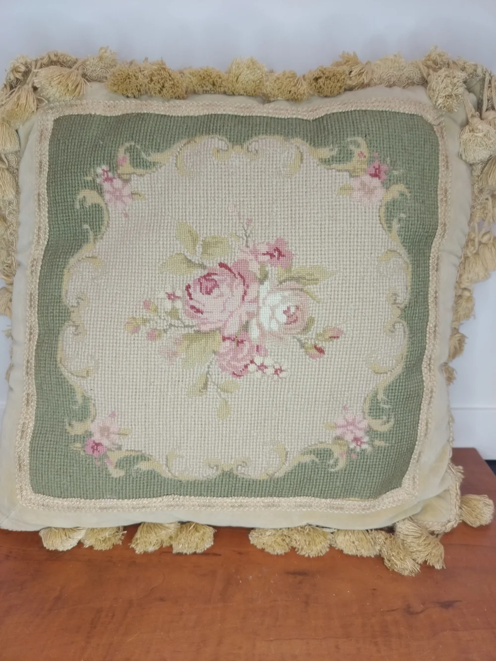 Vintage Square Needlepoint Accent Pillow 16X16 Pink Roses Green Leaves Velvet